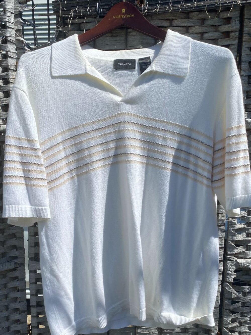 Claiborne Men Cotton Striped Short Sleeve Shirt White Brown Size Medium Polo